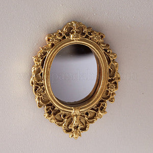 Miniature Retro Embossed Alloy Mirror for Dollhouse Wall Decoration, Oval, Gold, 72x55mm