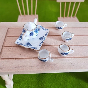 Mini Porcelain Tea Set, including 1Pc Teapot, 4Pcs Teacups, 1Pc Dishes, for Dollhouse Accessories, , Blue Size: about 10~35mm long, 6pcs/set.